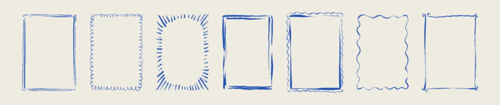 Set of blue crayon doodle hand drawn sketch coastal rectangle frames. Italian style marine sea side design element. Postal summer stamp, scalloped edge, oval shape charcoal border freehand drawing