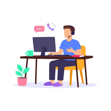 Work From Home, providing remote customer assistance, Flat vector character illustration