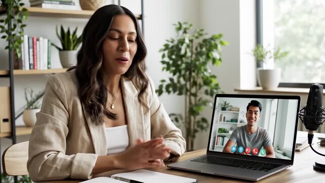 Professional business woman conducting online interview, webinar, or virtual meeting with a male colleague via video call on a laptop from her modern home office