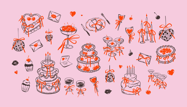 Set of happy birthday design elements ketch doodle drawings. Birthday cake, bow decoration, disco ball icons. Coquette whimsical style cherry dessert. Heart shape disco ball. Bachelorette party