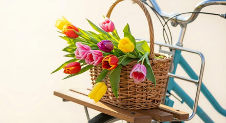 Easter basket with colorful tulips in bike front carrier  