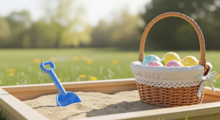 Easter basket with colorful eggs beside sandbox and blue shovel  