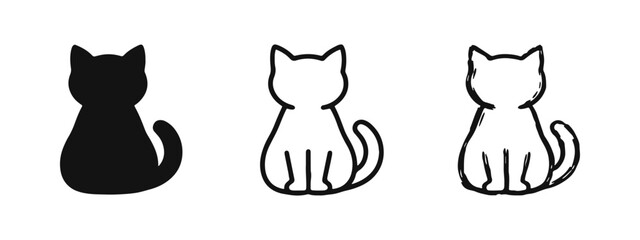 Sitting cat icon set. Pet animal silhouette and outline symbols in solid, outline, and hand-drawn styles. © drawing lines