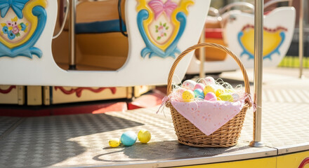 Easter basket filled with colorful eggs near merry-go-round platform  