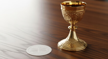 Golden chalice and communion wafer on wooden table  