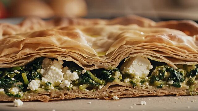 A flaky phyllo pastry slice with spinach and crumbled white cheese