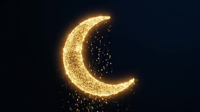 Golden crescent moon made of glowing particles on a dark background