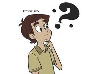 A young man with brown hair and a tan polo shirt looking thoughtful or confused. He has one hand on his chin and is looking upward at a large, stylized black question mark surrounded by floating dots.