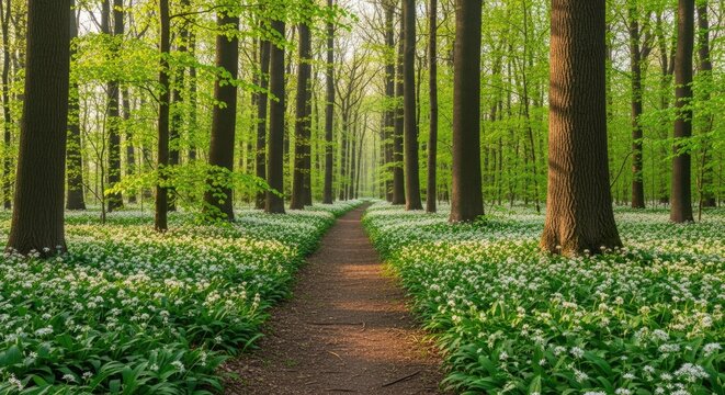 Serene Forest Path Winding Through a Carpet of Wild Garlic Flowers in Lush Green Spring Woods. Sunlit trees and white blossoms create a tranquil natural landscape.