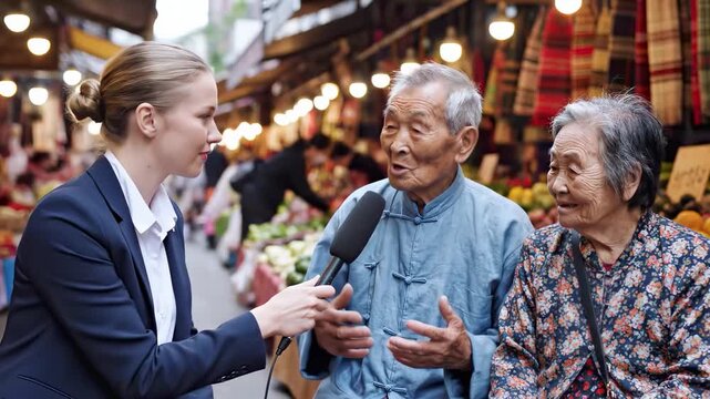 Caucasian journalist conducting street interview with senior asian couple at traditional outdoor market for cultural report, man and woman sharing their life stories
