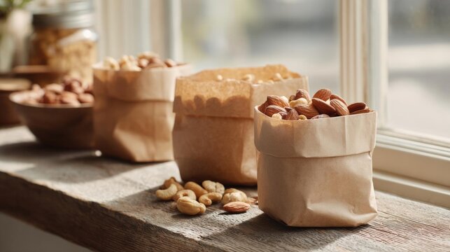 Three brown paper bags filled with almonds on a wooden window sill. the bags are lined up in a row and are placed next to each other.