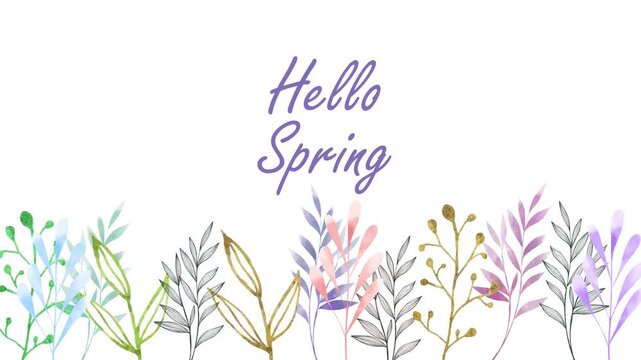"hello spring" title on leaves waving white background, spring season video