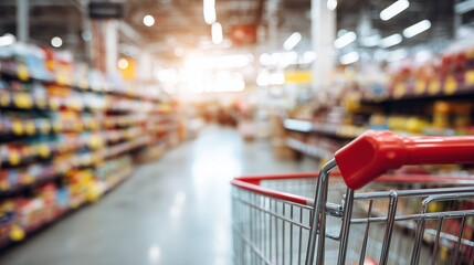 Supermarket Aisle with Shopping Cart - Vibrant Grocery Store Interior