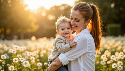 Mother holding smiling child in dandelion field during sunset  
