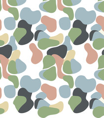 Fototapeta premium A seamless pattern of irregular shapes in various muted colors on a white background.