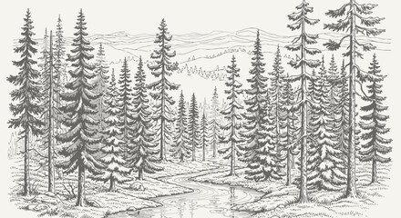 Detailed illustration of a dense evergreen forest with a winding river.