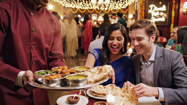 Romantic couple celebrating diwali festival in an indian restaurant with a waiter serving a traditional thali meal of authentic curries and delicious naan bread
