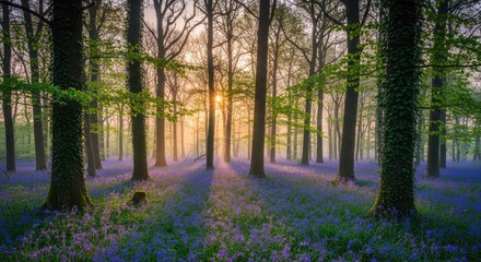 Fototapeta premium Golden Sun Rays Pierce Through Misty Morning Haze in a Vibrant Bluebell Forest, Creating an Ethereal Woodland Scene