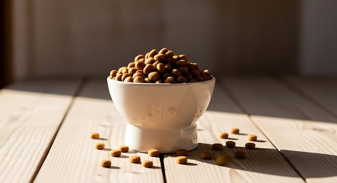 A white mug overflowing with brown kibble on a wooden table
