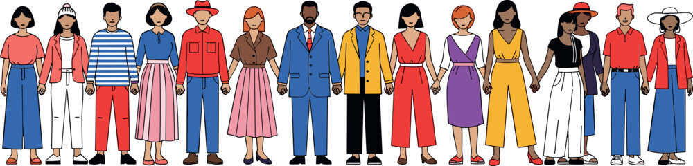 Set of diverse people characters standing in a row holding hands together unity and friendship concept flat vector illustration isolated on white