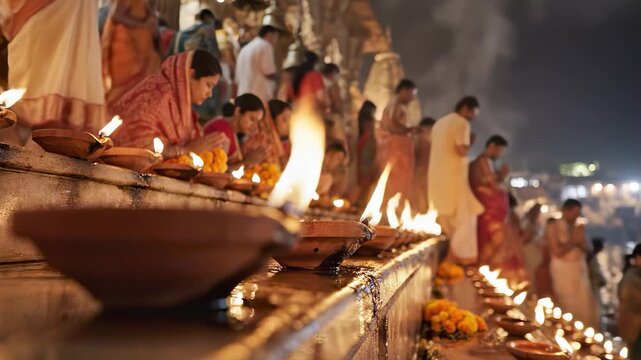 Hindu pilgrims celebrating ganga aarti festival with diya lamps and flowers on the ghats of the ganges river in varanasi, a sacred spiritual tradition in india