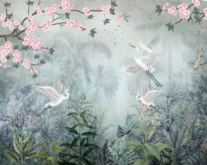 watercolor chinoiserie Pink Magic Forest Wall Mural © Mondal_01