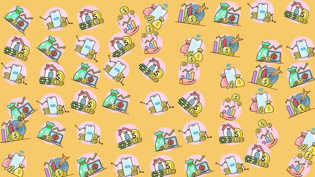 Repeating pattern of phones, charts, money, and coin bags. Suitable for financial presentations, business websites, and technologyrelated designs.
