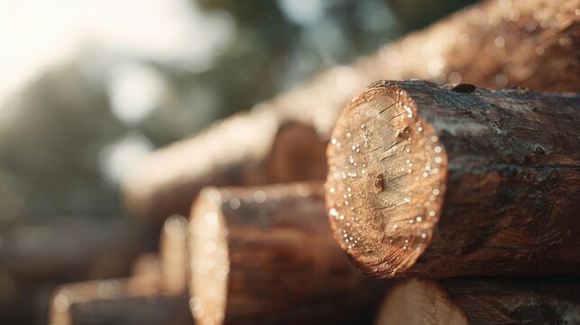 Close-up of a stack of wooden logs. the logs are stacked on top of each other and appear to be freshly cut. the wood is dark brown in color and has a rough texture.