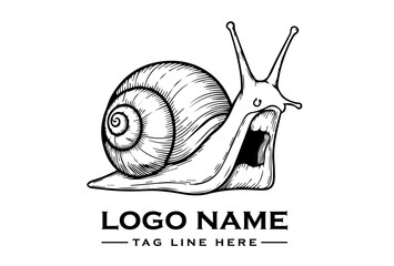 A surreal cartoon vector illustration of a snail character with a logo name and tag line on a clean white background, featuring a mix of bold lines and shading. © Lucaa