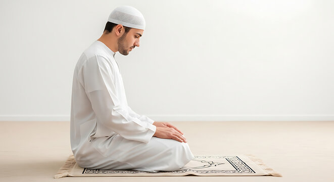 Young Muslim man praying on a prayer mat in traditional attire.