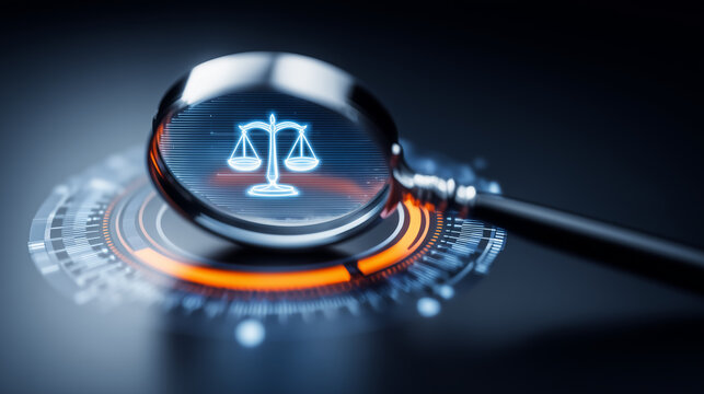 Magnifying glass over digital scales of justice symbol representing legal compliance audit concept.
