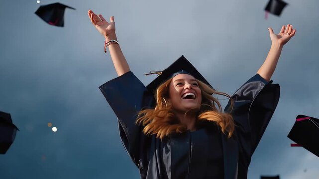 Celebrating graduation with joy and throwing caps in the air during a ceremony in a clear sky in spring