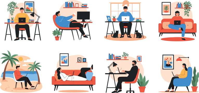 Set of professional people working remotely from home office beach and living room using laptops for freelancing and digital nomad lifestyle flat vector
