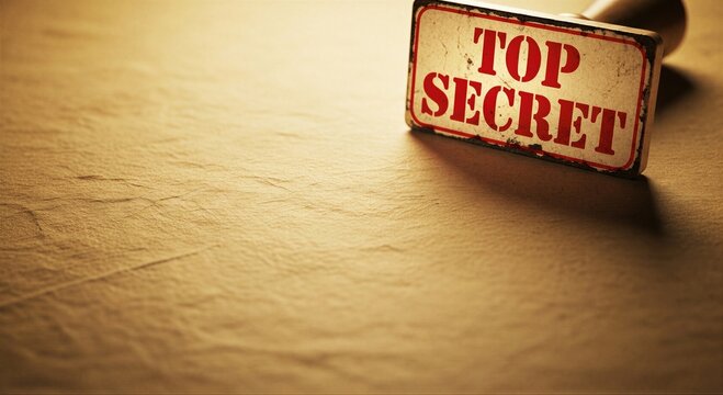 Red top secret stamp on textured paper. Classified information and confidential data. Security and investigation concept for sensitive documents.