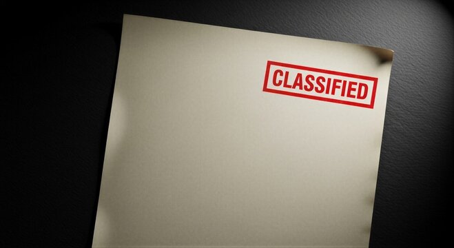 Classified document for secret investigation concept. Top secret case file for security, privacy, and confidential information.