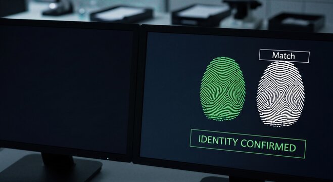 Fingerprint scan on monitor displays identity confirmed for biometric security system. Digital verification for access control and investigation.