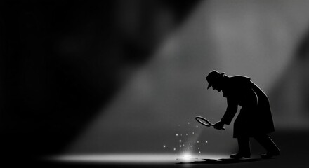 Detective man in trench coat with magnifying glass investigating a glowing clue on the ground in dark spot light. Investigation and secret concept.