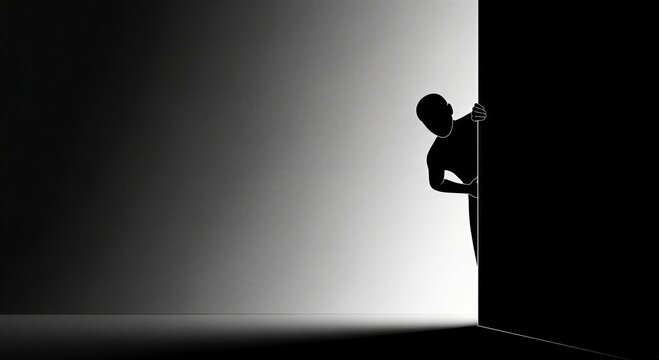 Silhouette of a person peeking from behind a door opening. Concept of secrets, security, and investigation. Revealing hidden information.