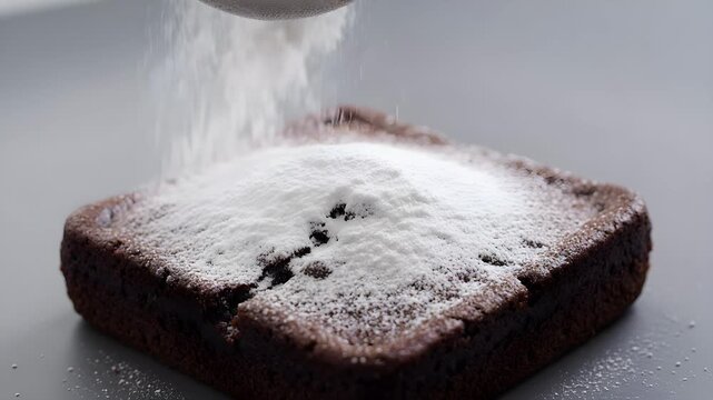 Sprinkling sugar over freshly baked brownie