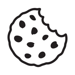 A simple black and white illustration of a partially eaten chocolate chip cookie