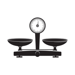 A black and white illustration of a classic balance scale with a circular dial