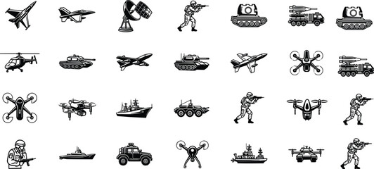 military icon set with soldiers tanks fighter jets drones warships and armored vehicles black outline vector collection for defense design © Mostafizar