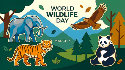 An illustration celebrating World Wildlife Day on March 3, featuring an elephant, tiger, eagle, and panda in a vibrant natural landscape.