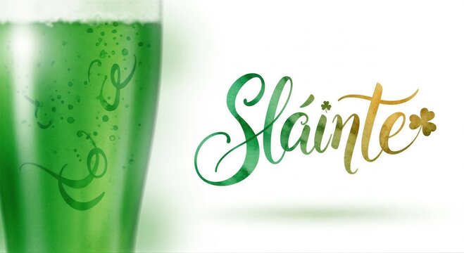 Green beer in glass with Sl&aacute;inte calligraphy on white background. Saint Patrick&rsquo;s Day celebration concept. Irish holiday greeting for banner.