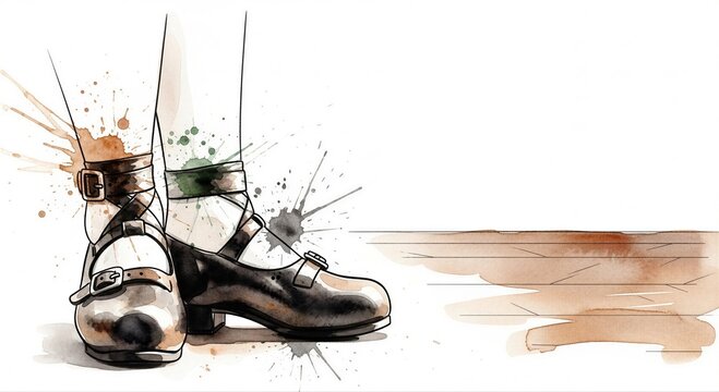 Woman feet in Irish dance shoes illustration for St. Patricks Day celebration. Festive watercolor artwork with cultural heritage concept.