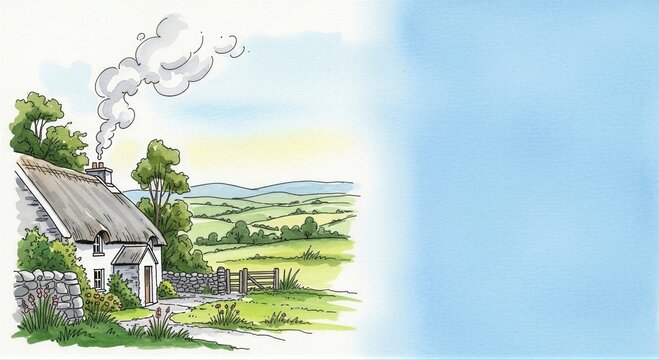 Hand drawn Irish cottage illustration with thatched roof and smoke from chimney. Rural landscape with green fields. St. Patricks Day concept.