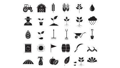 Very beautiful black and white farming vector icon set featuring tractor, barn, crops, farmer silhouette, plant growth stages, and agricultural tools, arranged in clean minimalist clipart style for ru