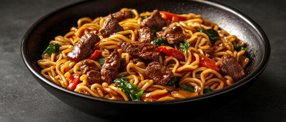 Appetising noodles with beef, vegetables and sauce highlight the sophistication of Asian cuisine, ideal for an advertising banner or the main background of a culinary blog.