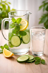 Fototapeta premium Detox Lemon Cucumber Mint Water in Glass Pitcher – Healthy Hydration Concept
