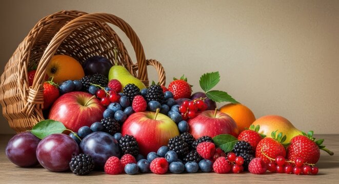 Fresh mixed fruit spilling out of a wicker basket onto a wooden table indoors